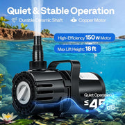 SPECSTAR 150W Submersible Pond Pump, Stepless Adjustable Flow 900-2400 GPH, 18ft Max Lift, 180 Rotatable Nozzle, Filter Bag
