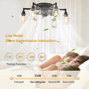 Garwarm 6-Light Industrial Ceiling Fan with Lights, Black Flush Mount, 6-Speed Reversible Quiet DC Motor, Remote Control, JD2003-6B