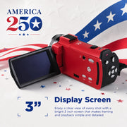 Vivitar PopCam America 250 Digital Camcorder, 48MP, Full HD 1080p Video, 3-Inch Flip Screen, 16X Digital Zoom, Built-in Microphone, Old Glory Red, DVRE507-RED