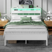 Satifur Queen Bed Frame with Wood Headboard, Integrated Charging Station, LED Lights, Double-Layer Storage Shelves, White, 17802710836