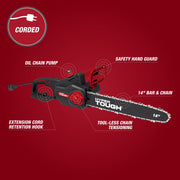 Hyper Tough 14 in Electric Corded Chainsaw, 9-Amp Motor, Laminated Bar, Semi-Skip Chain, Tool-Less Tensioning, Built-In Oil Pump, Top Handle, 7 lb, HY160855821603
