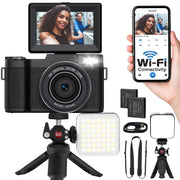 Novzzovaz 5K Vlogging Camera, 64MP Point & Shoot Digital Camera, 18X Digital Zoom, 3-Inch Flip Screen, Wi-Fi Enabled, Black, NVZV5K64MP