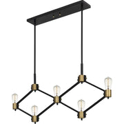 Quoizel Downing Linear Chandelier, 5-Light Island Pendant with Matte Black Steel Finish and Weathered Brass Accents, Adjustable Dimmable Lighting, DWG542MBK