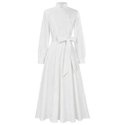 FYEGRE Clergy Dress for Women, Long Sleeve A-Line Maxi Dress with Stand Collar and Belt, White, Size S