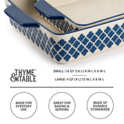 Thyme & Table Stoneware Baking Dishes 2-Piece Set, Blue Abstract Pattern, Square 8x8 in 1.5 qt and Rectangular 13x9 in 3.6 qt, Non-Stick