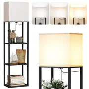 SUNMORY Large Floor Lamp with 4-Tier Wood Shelves, 9W LED Bulb with 3 Color Temperatures, Off-White Fabric Shade, Modern Design for Bedroom Living Room Office