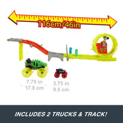 Mattel Hot Wheels Monster Trucks Charge & Chase Challenge Track Set with Oversized Skelesaurus, 1:64 Scale Bone Shaker, 2 Crushed Cars, Multicolor, HYT07