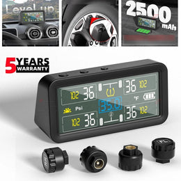 CHUSYYRAY RV Tire Pressure Monitoring System with 4 High-Precision Sensors, Real-Time Pressure and Temperature Monitor, Solar and Type-C Charging, 4-Inch Dual Display, Black