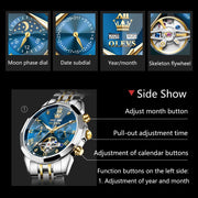 OLEVS Automatic Men's Skeleton Watch, Gold Plated Stainless Steel, Calendar, Moon Phase, Waterproof, Luminous