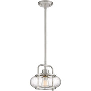Quoizel Trilogy Mini Pendant Light, 10 Inch, Brushed Nickel, Clear Seeded Glass Shade, Dimmable, Adjustable Height, TRG1510BN