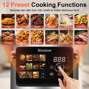 Bluebow 9QT Air Fryer, Large Touchscreen, 12-in-1 Multi-Functional, Visible Window, Oil-Free Cooking, Black