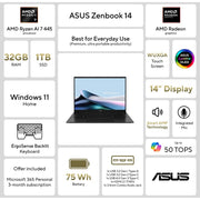 ASUS Zenbook 14 Laptop, 14 in WUXGA OLED Touchscreen, AMD Ryzen AI 7 445 Processor, AMD Radeon Graphics, 32GB RAM, 1TB SSD, Jade Black, UM3406GA-WS79T