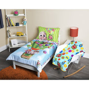 Cocomelon Toddler Bedding Set, 5-Piece with Reversible Comforter and Plush Blanket, Blue, Fits Standard Crib/Toddler Mattress