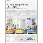 Zardon Ceiling Fan, 42in Flush Mount, 6 Speeds, Remote Control, Multi-Color LED Light, White Blades, Modern Indoor, F-XS42BK-1X01
