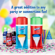 Nostalgia Kool-Aid Snow Cone Maker, Electric Ice Shaver with 64-Ounce Capacity, Safety Push-Down Handle, 4 Reusable Cones, Ice Scoop, Side Shelves, Red White Blue