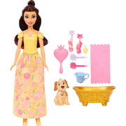 Mattel Disney Princess Belle Bathe & Brush Fashion Doll with Color-Change Dog Figure, Yellow Outfit, Accessories, Ages 3+