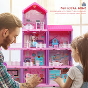 Huge Wave Dollhouse Playset, 36 Inch Four-Story, 11 Large Furnished Rooms, Pink, Includes Articulated Doll Figures and Warm Lighting, 19011-1A