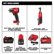 Milwaukee M18 FUEL 18V Mid Torque 1/2 in. Impact Wrench with M12 FUEL 3/8 in. High Speed Ratchet Combo Kit, Red Black, 3890-22