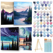 Qoosea ZG2417  4 Pack Paint by Numbers Kits for Adults and Kids, Beginner DIY Arts & Crafts Set with Wooden Easel, Acrylic Paints, Brushes, 9 x 12 Inch Canvas ZG2417