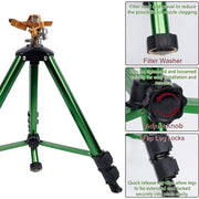 EB Esybol Impact Sprinkler on Tripod Base, Heavy-Duty Brass and Stainless Steel, 300 Degree Coverage, Adjustable Height 16-37 in, Green, SSQ-1