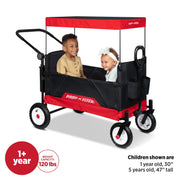 Radio Flyer All-Terrain Kid & Cargo Push Wagon, Convertible Two-Rider, Flatbed & Bench, Air Tires, UV Canopy, Adjustable Handles, Foldable, Red