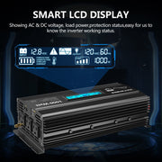 Voltworks 1000W Pure Sine Wave Power Inverter, DC 12V to AC 110-120V, 3 AC Outlets, 2.4A Dual USB Ports, LCD Display, Black, VS-1000PB