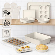 Cook With Color YPANS091 CRM Country Kitchen 13-Piece Nonstick Cookware and Bakeware Set, Stackable Design, Cream, YPANS091 CRM