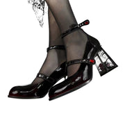 Uuu Women Rose Chunky Heel Pumps, Floral Dress Shoes, Comfortable 1-Inch Burgundy Block Heels, Medium Width, Open Toe, Slip-On
