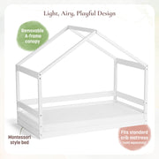 Little Seeds Trellis Toddler House Bed, Montessori-Inspired Design, True White, Crib Size, Pine Wood Frame