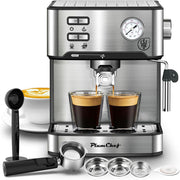 Plum Chef Espresso Machine, 20 Bar Pressure, Silver, Milk Frother Steam Wand, 54oz Water Tank, Low Noise Fast Brew