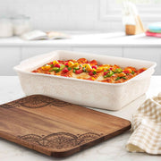 The Pioneer Woman Vintage Lace Ceramic Casserole Baking Dish with Wood Lid, Linen, 9 in x 13 in, 6-Quart Stoneware