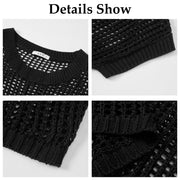 Shine Up Crochet Beach Coverup, Womens Short Sleeve Blouse, Knit Hollow Out, Black