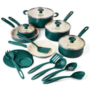 Tramontina Ceramaware 20-Piece Ceramic Nonstick Cookware Set, Green, Aluminum Construction, Tempered Glass Lids, Includes Silicone Trivets and Nylon Utensils