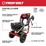 Troy-Bilt Gas Pressure Washer, 3100 PSI, 2.3 GPM, 160cc CT160 Engine, Axial Cam Pump, 9.5 in Never-Flat Wheels, 25 ft Hose, TB3100PW