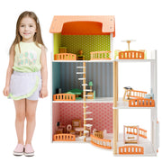 Bruce & Shark T011-015 Wooden Dollhouse 3-Story with Balcony and 23 Kitchen Accessories for Kids Ages 3 and Up
