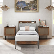 EDX Twin Bed Frame with Cushioned Headboard, Integrated Charging Station, Adjustable Height, Gray Wood Finish, Spacious Underbed Storage