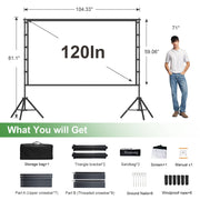 Florascent Projector Screen with Stand, 120 Inch 16:9 Portable Outdoor Screen, Double-Sided Projection, White