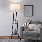 Mainstays Etagere Matte Floor Lamp, 2 Wood Shelves, Lampshade, Black