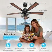 Consciot 52 Inch Farmhouse Ceiling Fan, Matte Black, 5 Reversible Wood Blades, Energy-Efficient DC Motor, Remote Control, Dimmable Light Kit, CL17006-WM