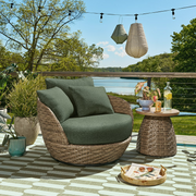 Beautiful BE5636225828012 Wicker Outdoor Swivel Chair with Boucle Cushions, Brown/Thyme by Drew Barrymore