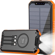 Yelomin Solar Power Bank, 49800mAh Portable Charger with Built-In 3 Charging Cables, Wireless Charging, Dual LED Flashlights, Waterproof, Durable for Outdoor Camping and Hiking