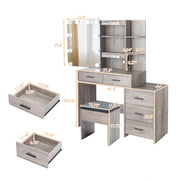 Ktaxon Vanity Set, Makeup Table with Sliding Mirror, Adjustable 3-Color LED Lighting, Built-In Power Strip with USB Ports, 6 Drawers, 2 Shelves, Padded Stool, Retro Gray