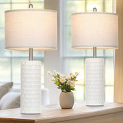 Cinkeda Table Lamps Set of 2, 27 in Tall, White Ceramic Base with Geometric Pattern, Soft White Linen Shades, Energy-Efficient LED Bulbs Included