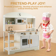 Bruce & Shark Kids Play Kitchen Set Toy, Wooden Pretend Chef Cooking Play Set with Microwave, Pan, Sink, Cookware Accessories