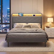 edx Upholstered King Bed Frame with Height-Adjustable Headboard, 3 USB Charging Ports, LED Light Strip, Bluetooth Controller, Gray