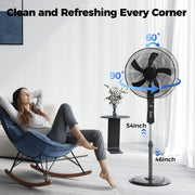 Patbrela 18-Inch Pedestal Fan, 3 Modes, 3 Speeds, 90 Oscillating, Adjustable Height 46-54 in, 12-Hour Timer, Remote Control, Black