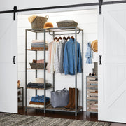 Better Homes & Gardens BH1801609919 Farmhouse Grey Wood and Metal Garment Rack, Heavy Duty Steel Frame, 4 Shelves, 1 Hanging Bar, Freestanding Clothes Organizer, 68 in