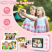 Aikidkit Kids Camera Instant Print, 2.4in Rotatable Flip Screen, 2MP CMOS Sensor, 1080p HD Video, Black-and-White Photo Printer, 32GB SD Card, Pink