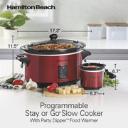Hamilton Beach 7 Qt Programmable Slow Cooker with Party Dipper Food Warmer, Grey, 33774