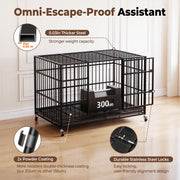 CAMMOO WMUSN1062161A Heavy Duty Dog Crate, 48 in, Alloy Steel with Four Lockable Wheels, Dual Doors, Removable Waterproof Tray, Black